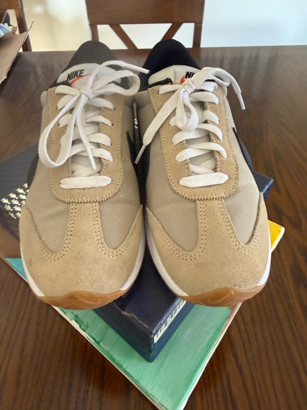 Nike Women’s Tan & White Suede Nylon Sneakers with Gum Outsole